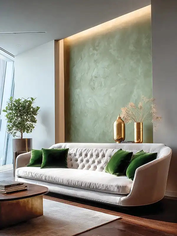 Mur en marmorino vert et canapé moderne avec un revêtement en velours vert