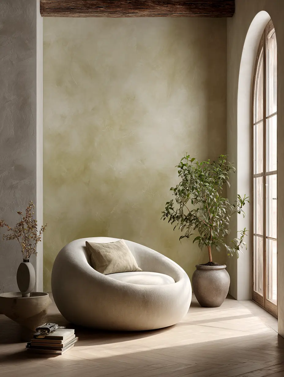 Technique au pochoir avec du marmorino Enduits naturels Stucco Naturale : mur en enduit marbré vert dans un intérieur moderne