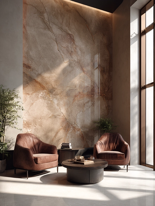 Stucco Veneziano kaufen_Startseite Stucco Veneziano in roetlichem Farbton passend zu den roten Couchsesseln und dem runden Tisch